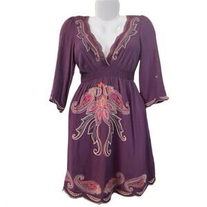 Flying Tomato Women's Plum Woven Smocked Waist Embroidered Mini Dress Boho SZ S